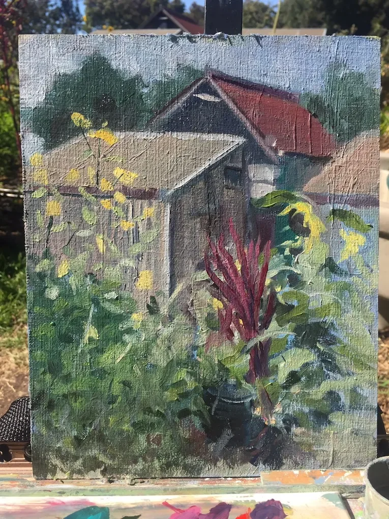 Painting of the garden with lush greenery and pathways