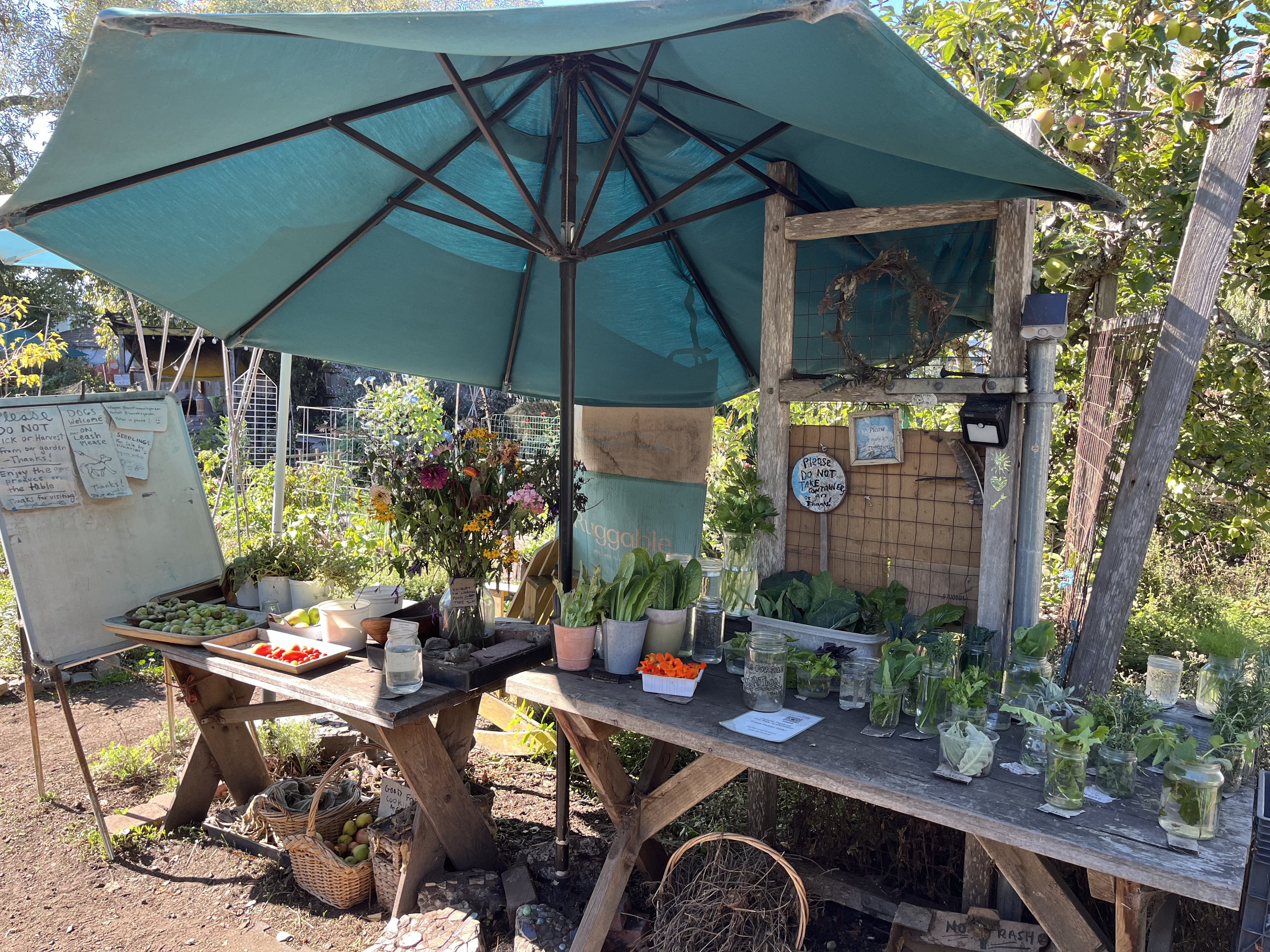 Garden market stand with fresh produce and flowers